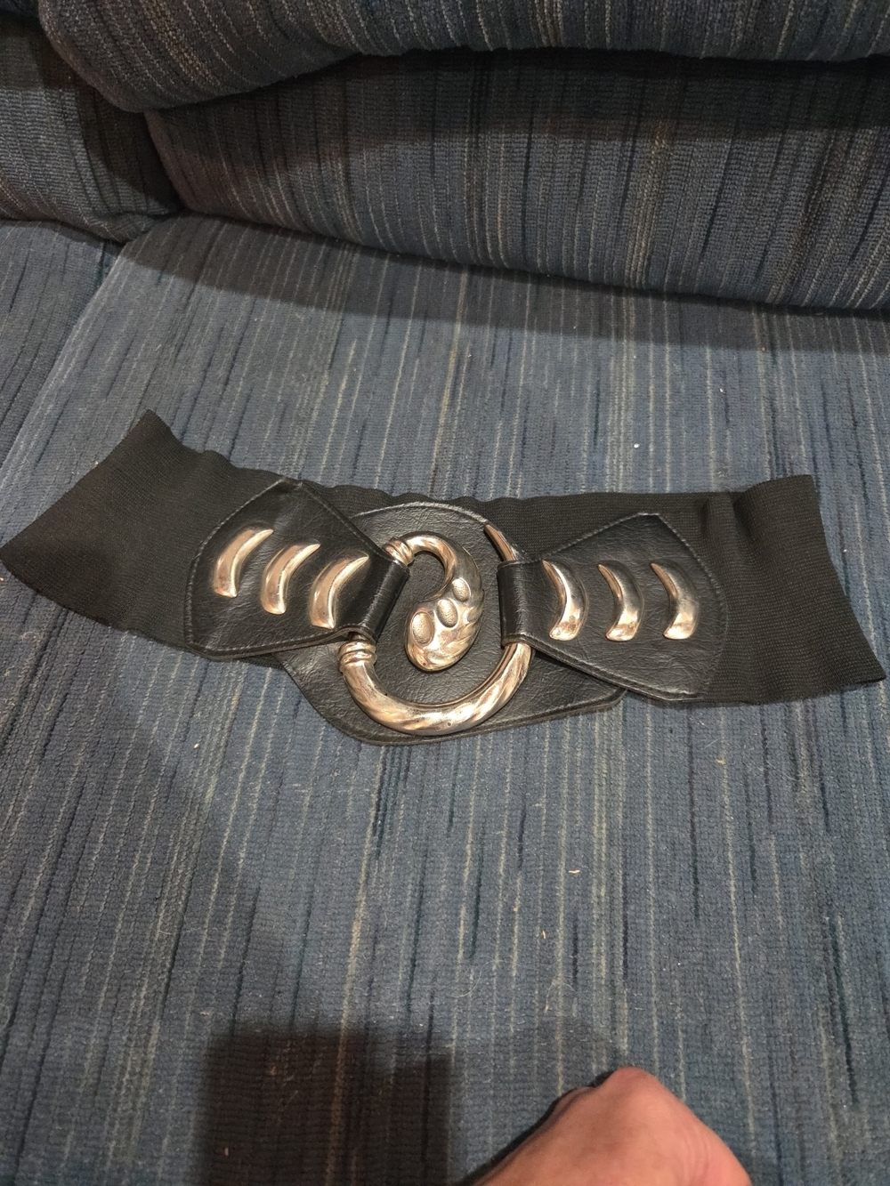 Black Elastic Wide Waist Belt with Silver Circular Accent Vintage 1980s